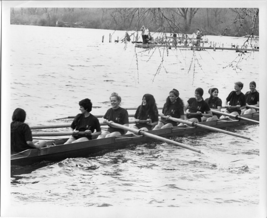 The boat that won Ltwt 8 at Midwest Springs in spring of 74. The first win for women's rowing, and also first win for any women's sport at Notre Dame.